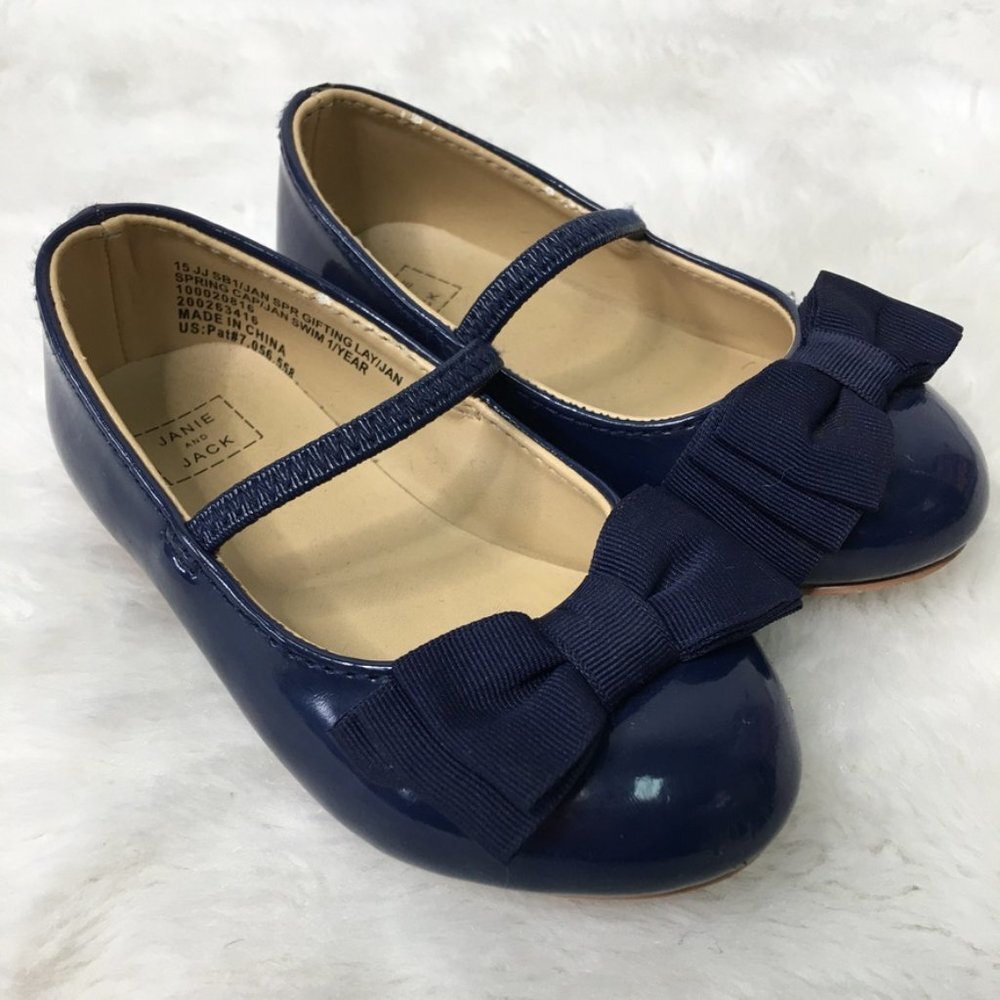 Janie and Jack Baby Toddler Girl Navy Blue Patent Mary Jane Bow Flats Shoes 1 Yr